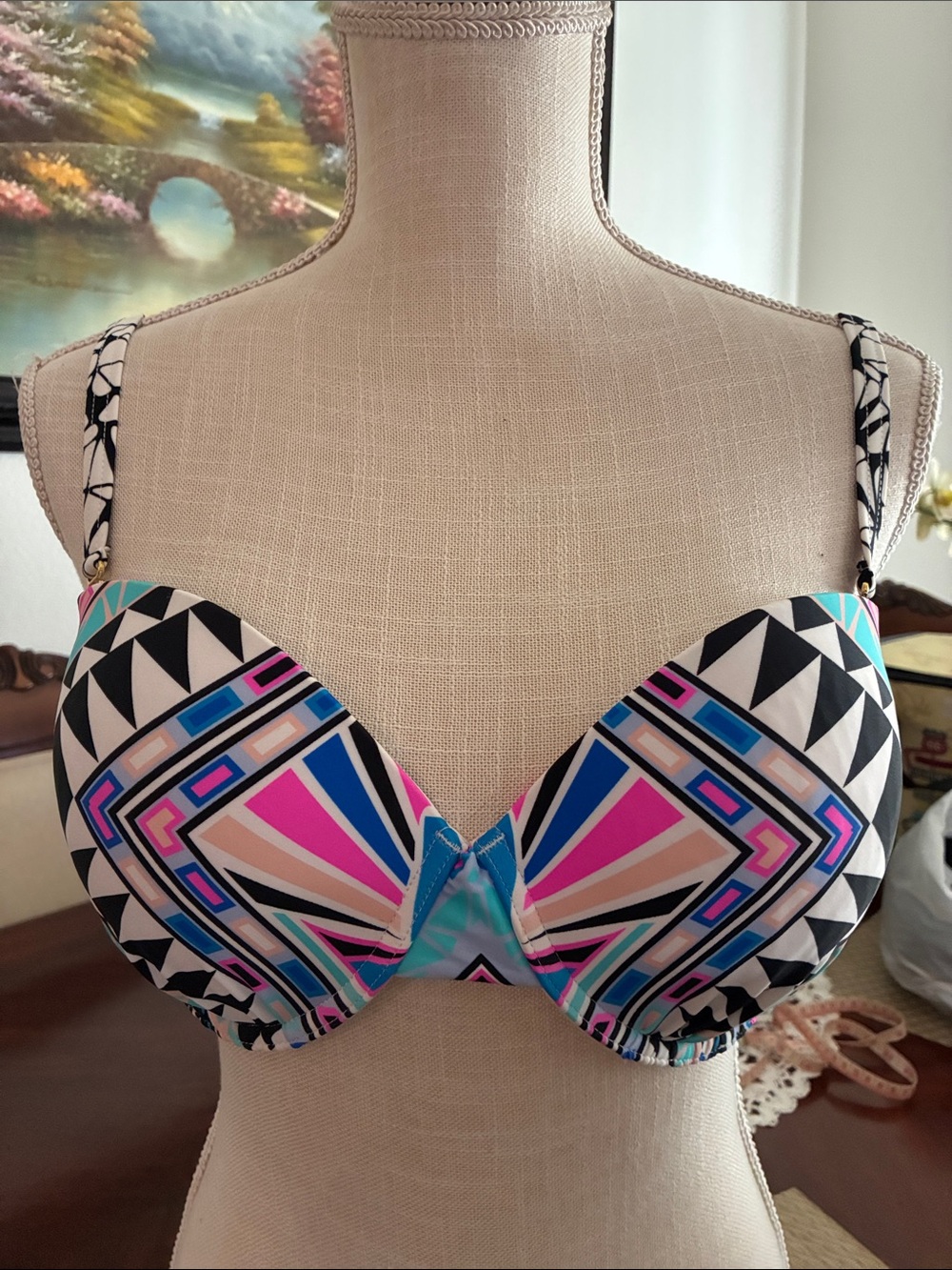 Swimsuits For All Geometric Push-Up Bra in White, Pink & Blue